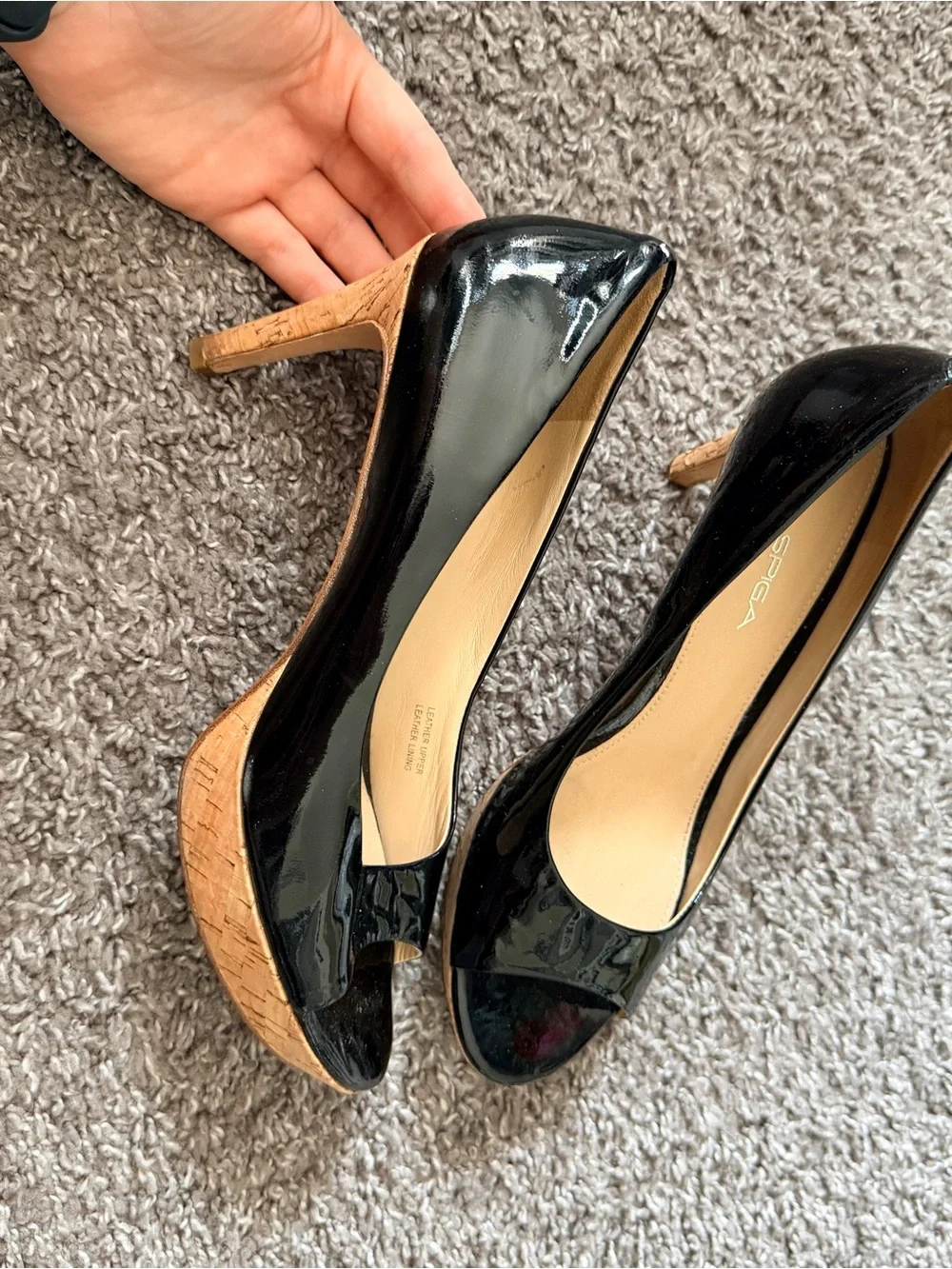 Via Spiga Made in Italy Black  Peep-Toe Platform Heels with Cork Heel size 7.5